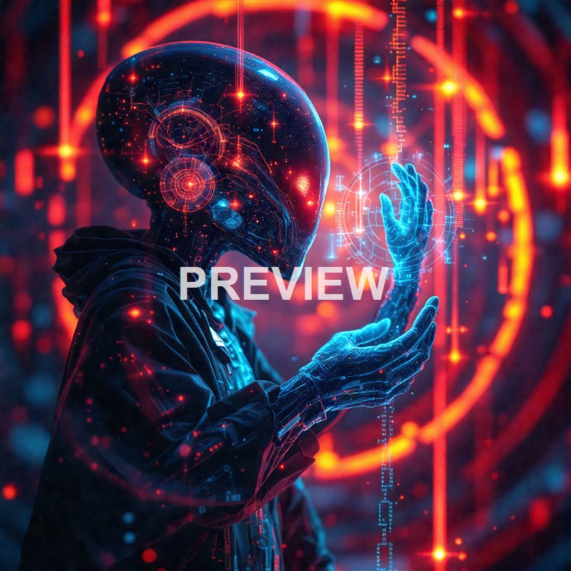 A futuristic humanoid robot with a transparent, glowing head and hands, interacting with holographic digital interfaces in a high-tech environment filled with glowing red and orange digital patterns.